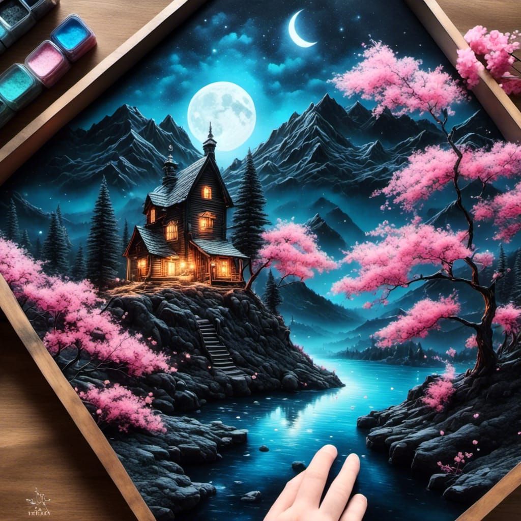 Charcoal Drawing of Cherry Blossoms at Night