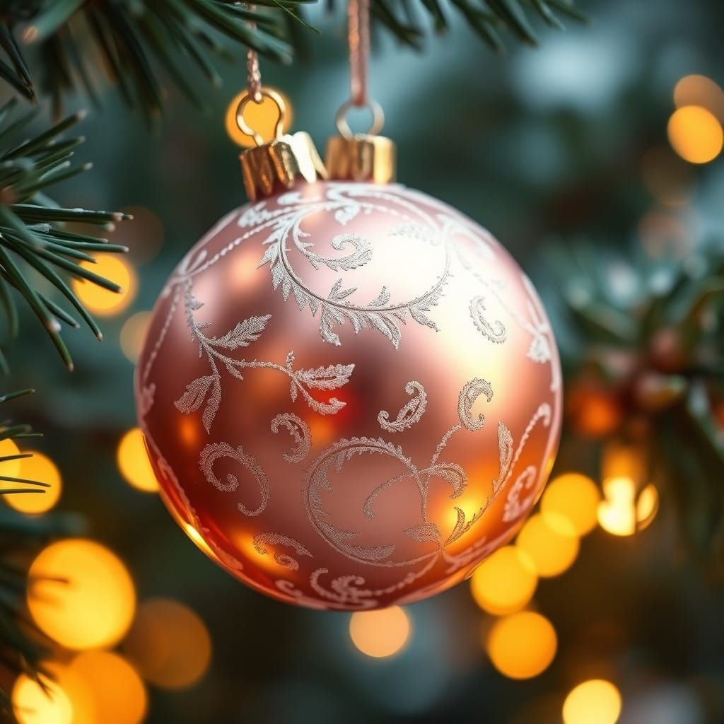 Rose Gold Christmas Ornament with Frosty Detail in a Winter...