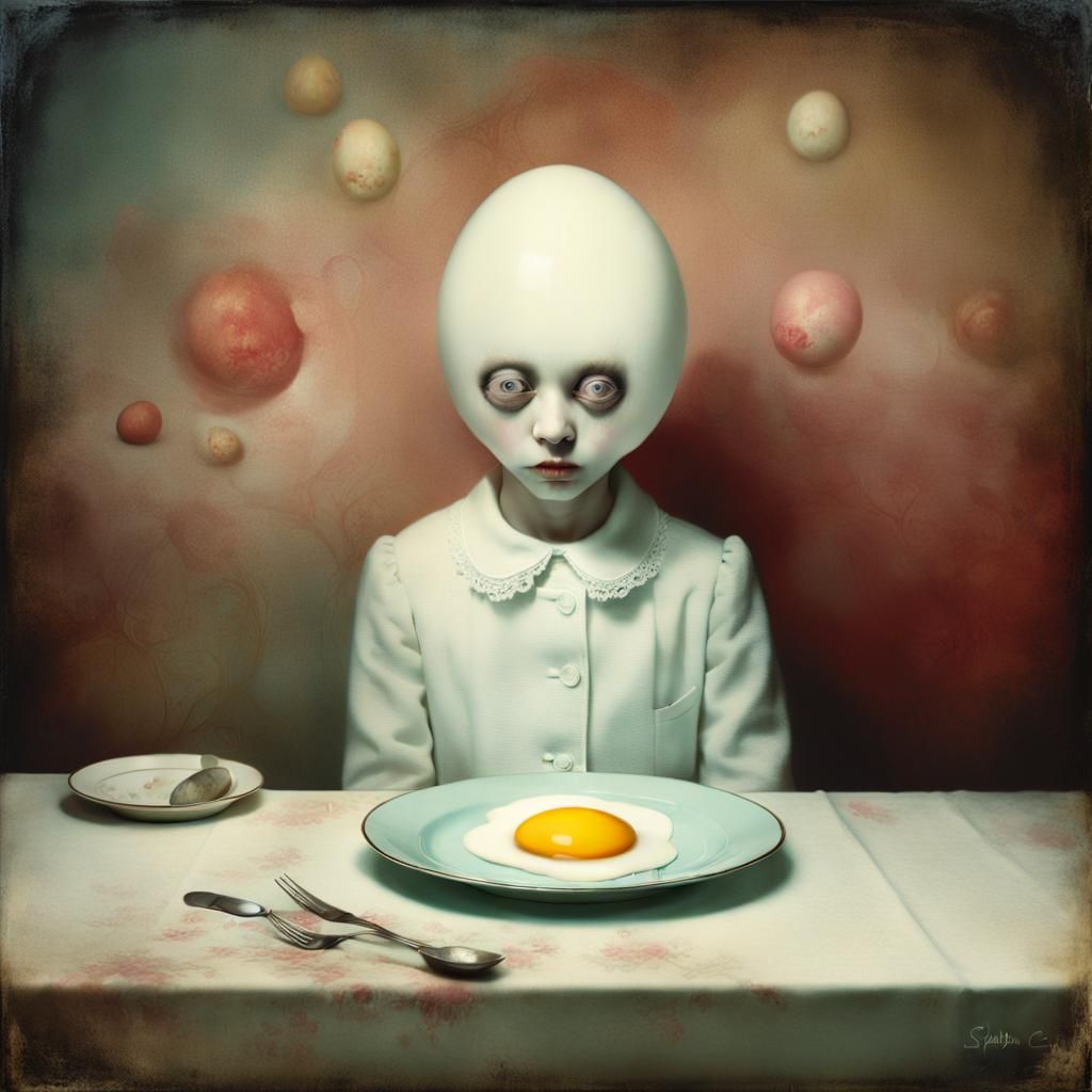 Surreal Diner Portrait with Egg Eyes