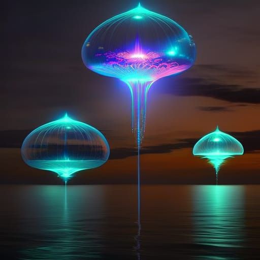 Bioluminescent Jellyfish in a Glowing Night Ocean