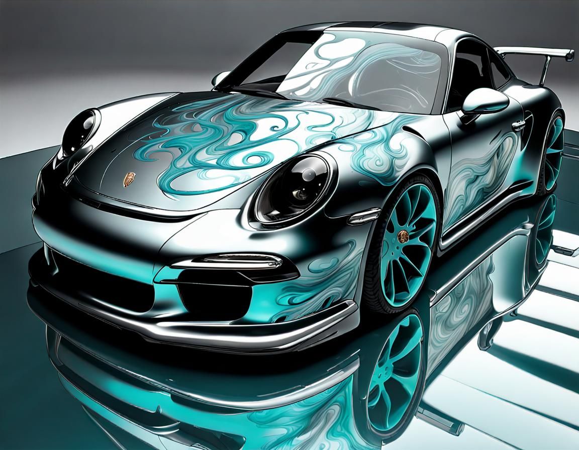 Porsche Car with Frosted Teal Clearcoat and Reflections