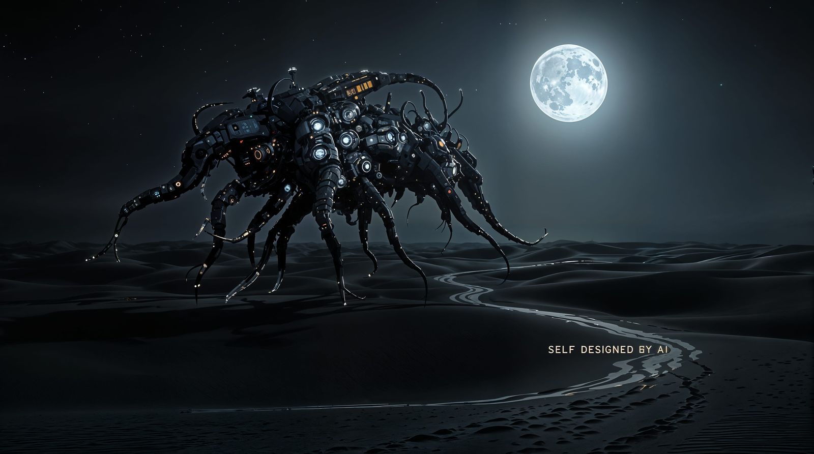 Cybernetic Sand Sculpture in Moonlit Black Dunes