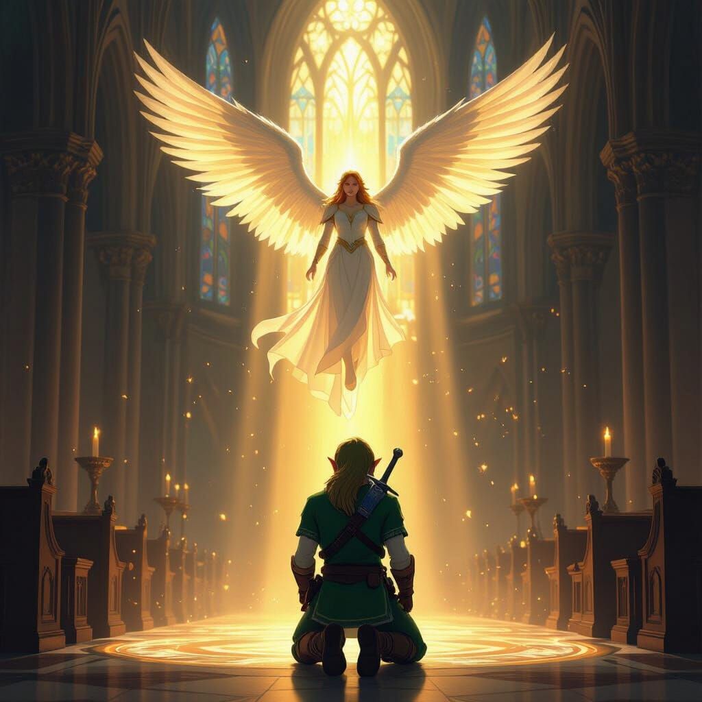 Angel Descends on Praying Hero in Cathedral