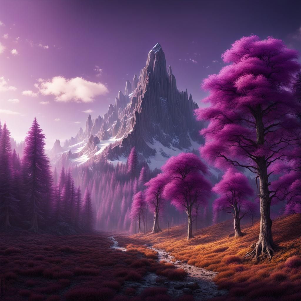 Purple Trees in Sunny Forest: Digital Matte Painting