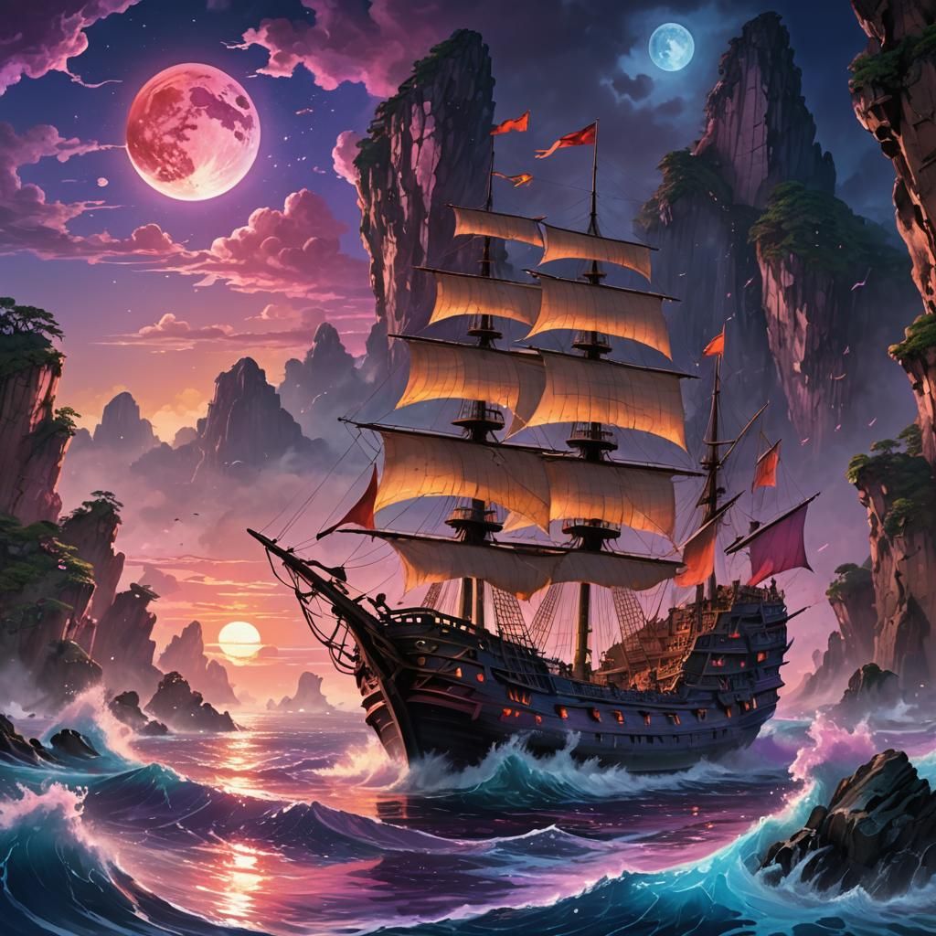 Pirate Ship in Japanese Fantasy Sea: Concept Art