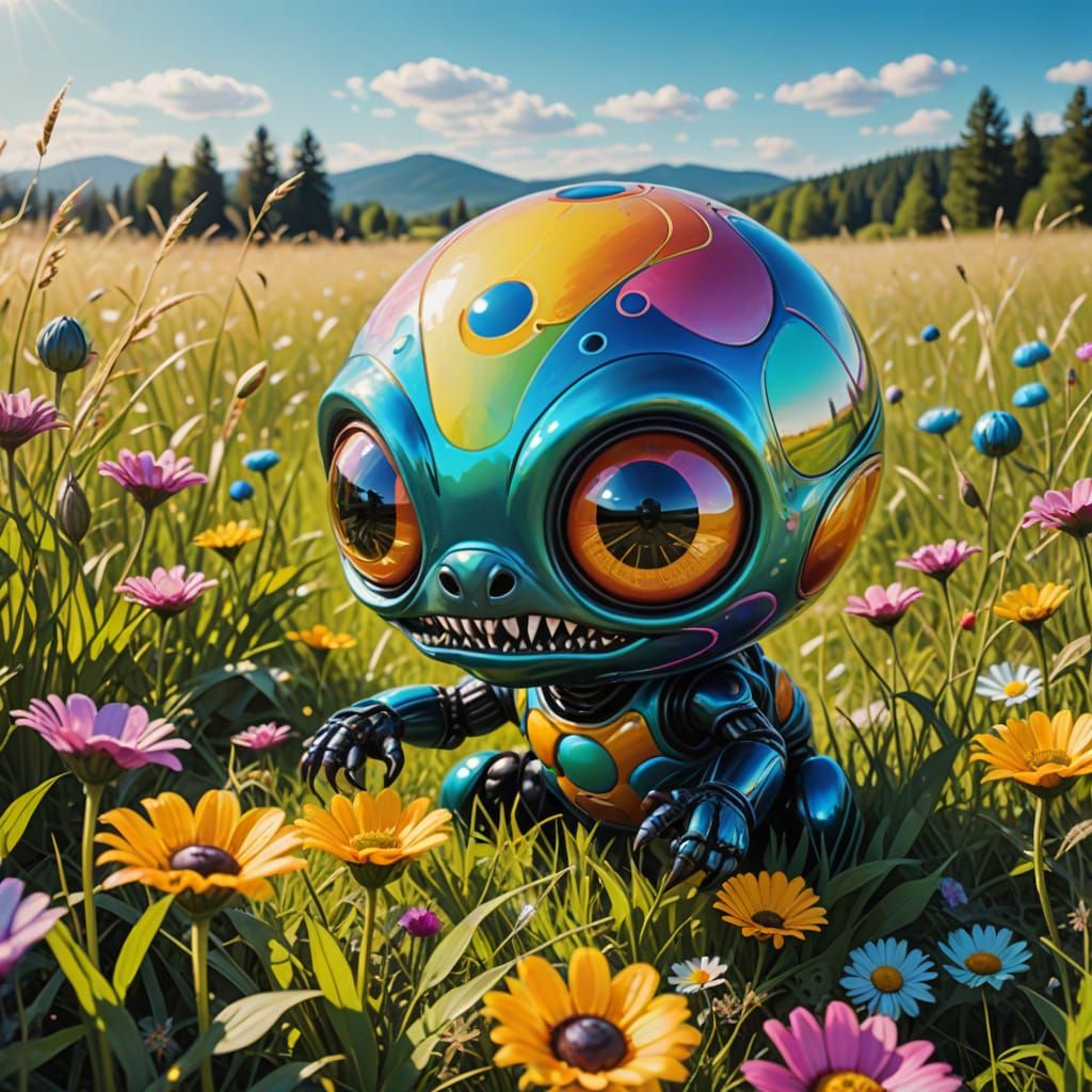 Surreal Alien Plays in Vibrant Sunny Meadow