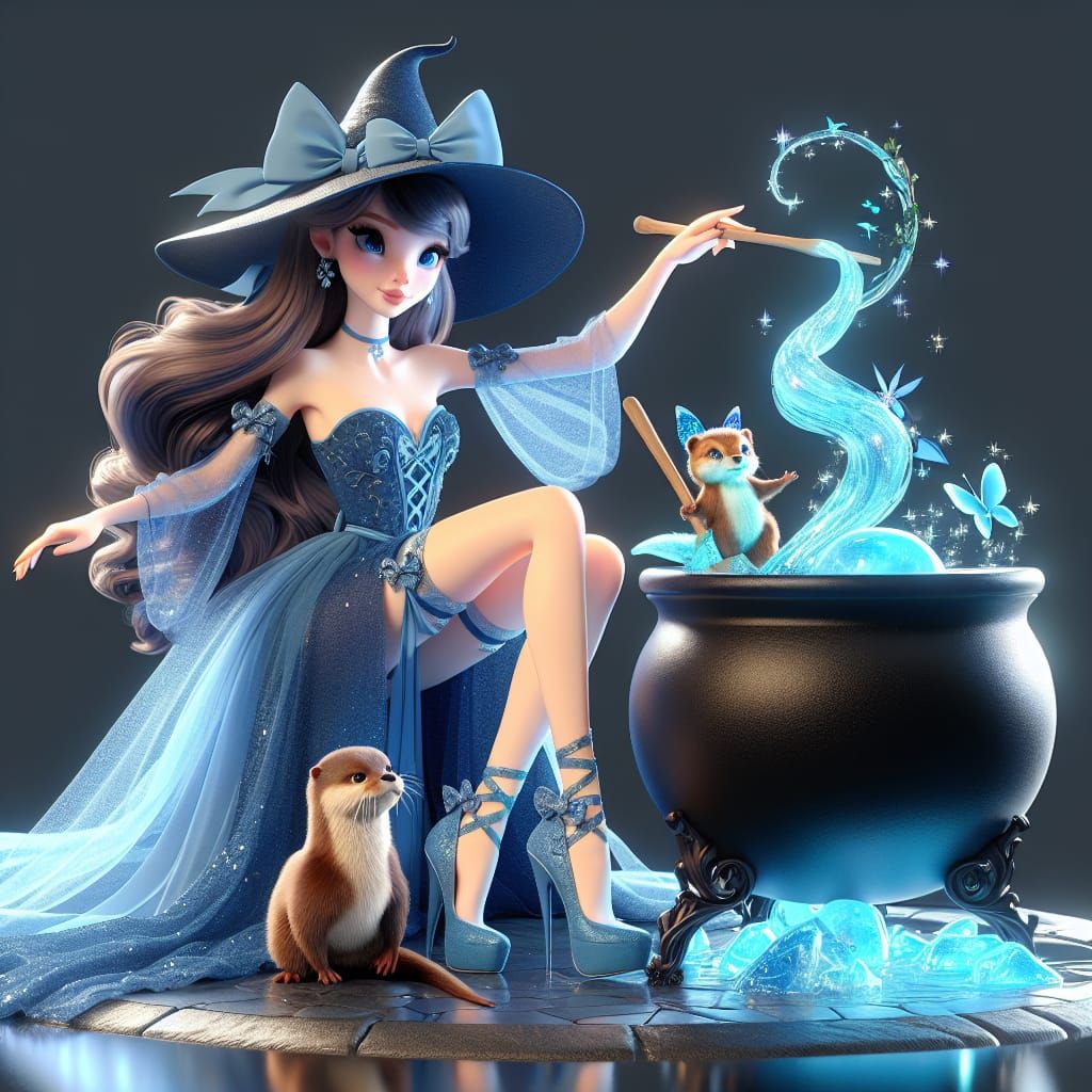 Disney Pixar style 3D stunningly beautiful witch wearing blu...