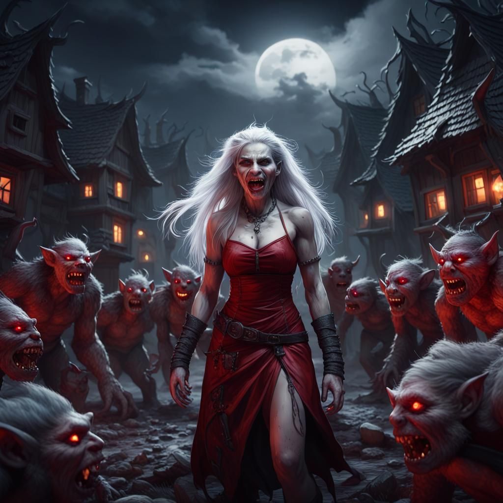 Snawwhite surrounded by troop of demon trolls behind her in ...