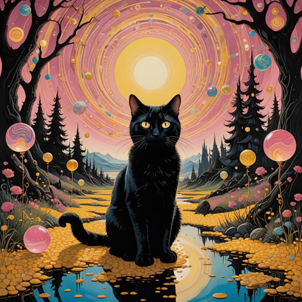 Surreal Cat Walks Amidst Whirling Orbs in Dreamlike Landscap...