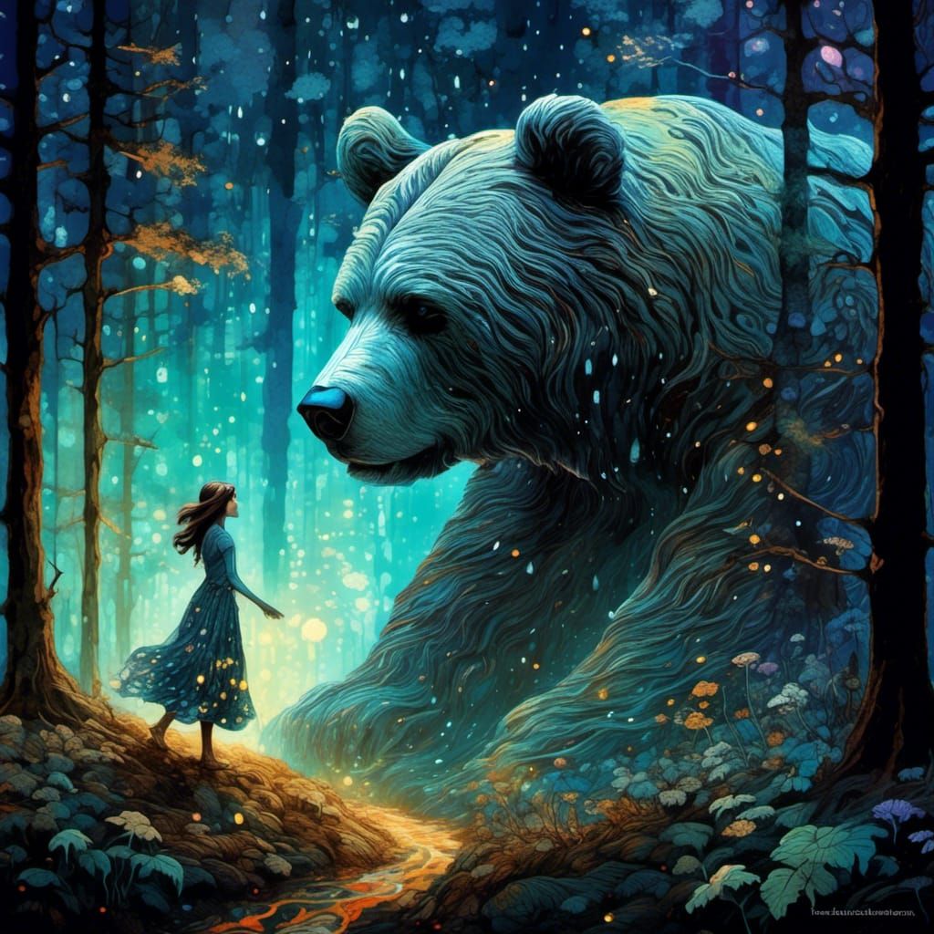 Woman Meets Giant Teddy Bear, Art Nouveau Fairytale