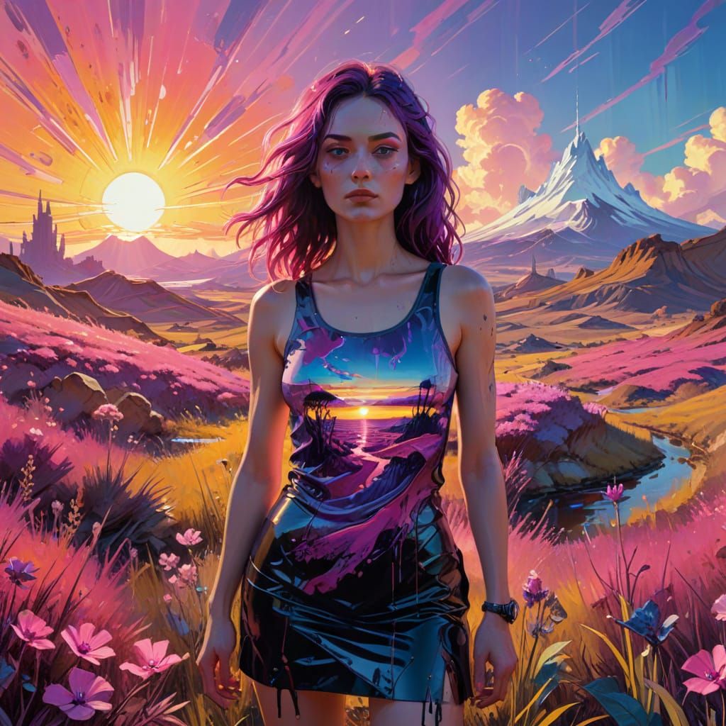 Cyberpunk Woman with Violet Eyes in Alcohol Ink Style