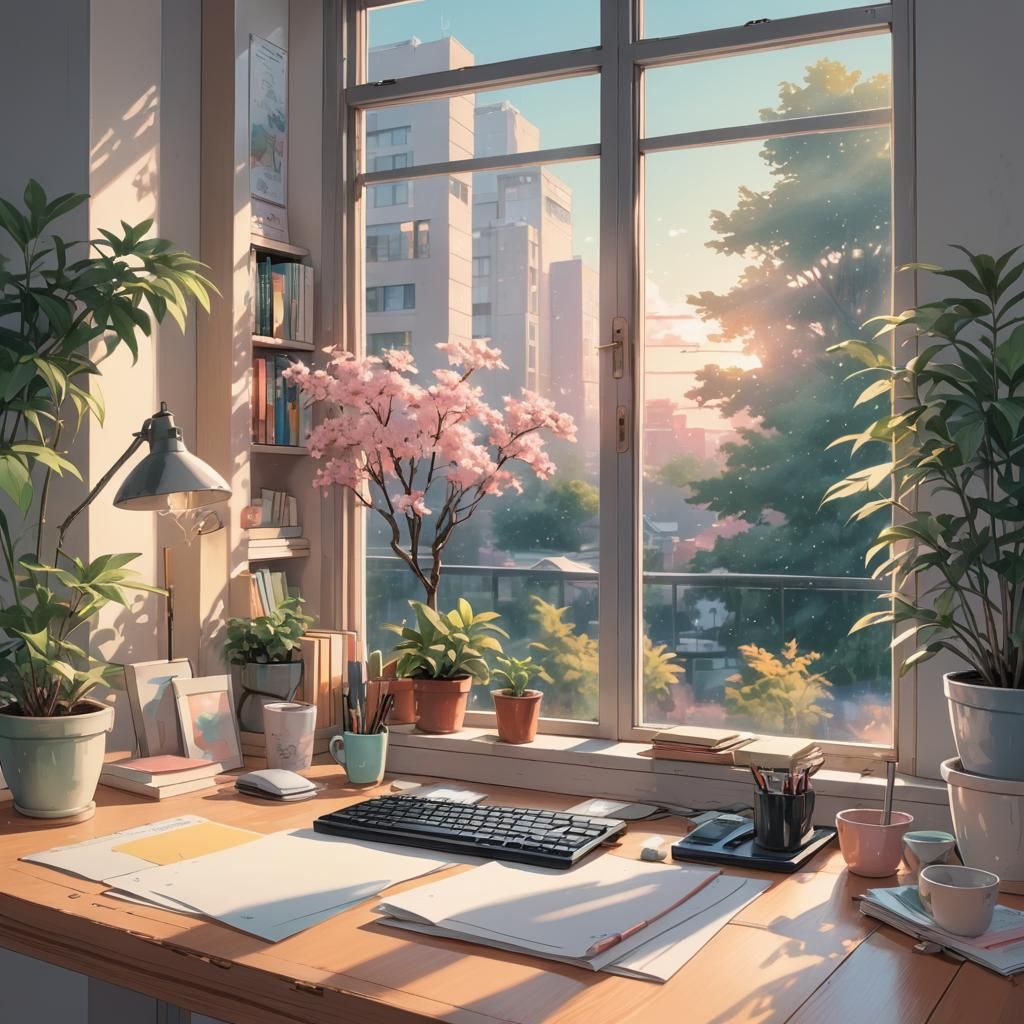 Beautiful cute empty desk next to window