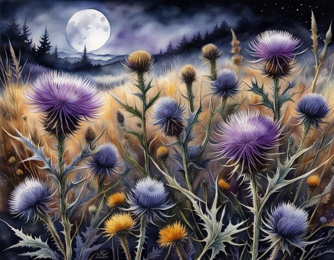 Moonlit Thistle Meadow: Hyperrealistic Watercolor Botanical