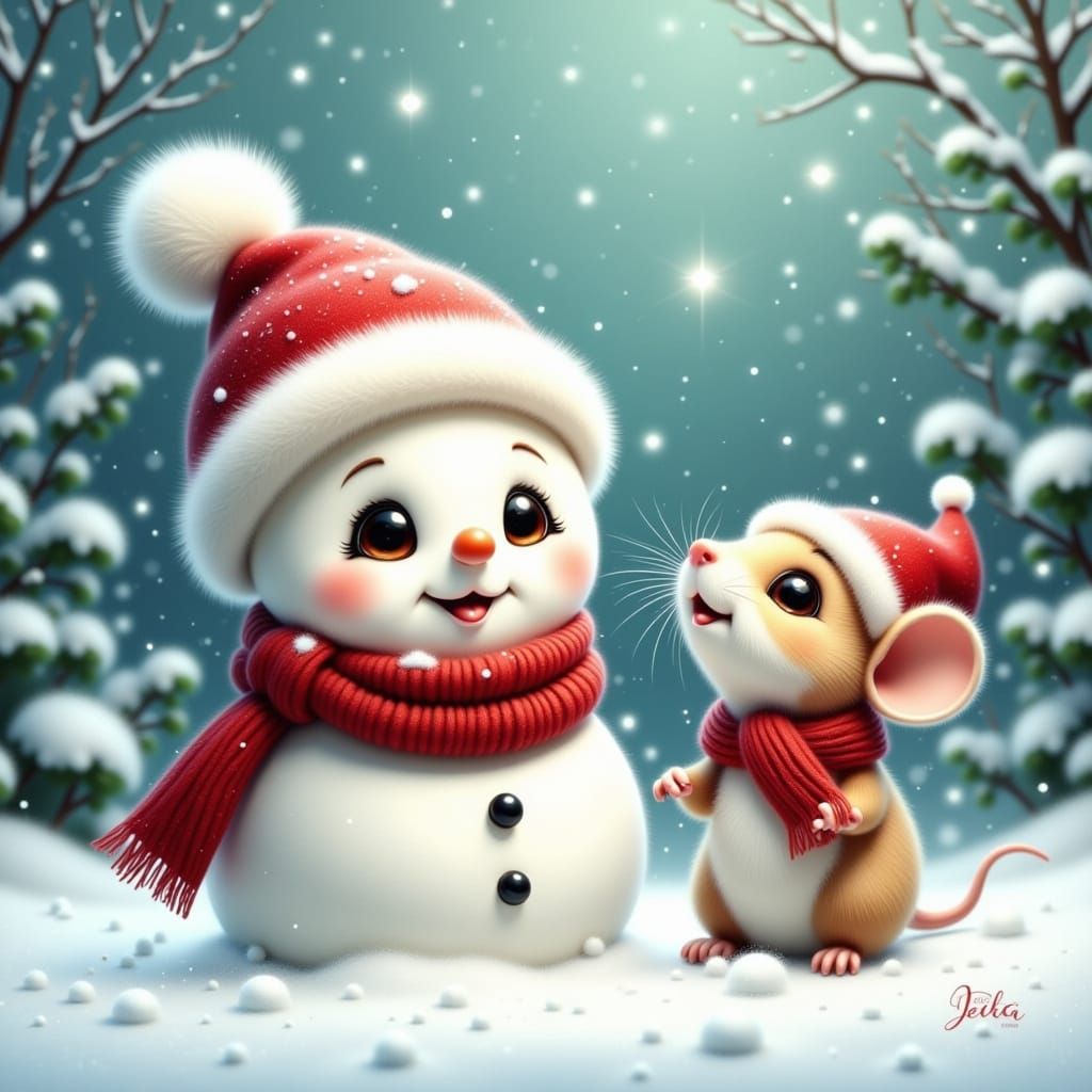 A high-quality adorable illustration of a cute snowman weari...
