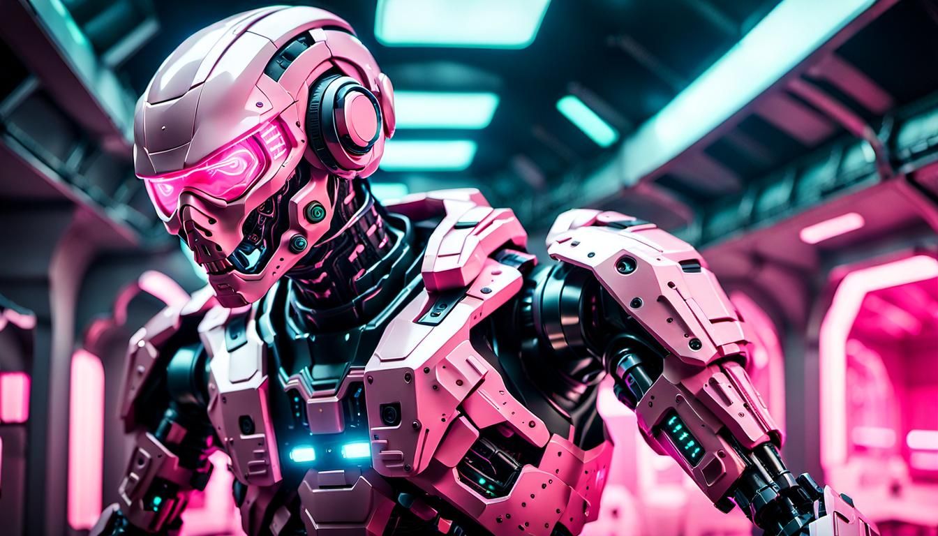 Human Cyborg in Pink Futuristic Cityscape, 3D Render