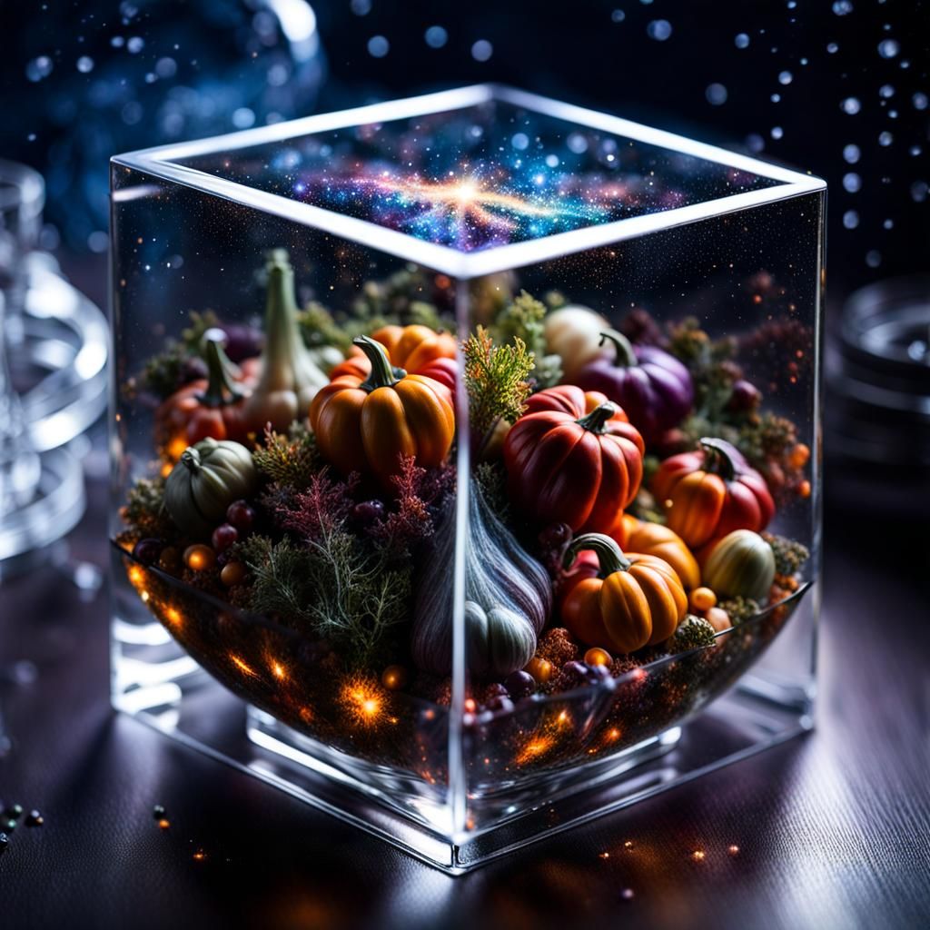 Cosmic Autumn Fruit Bowl in Glass Cube
