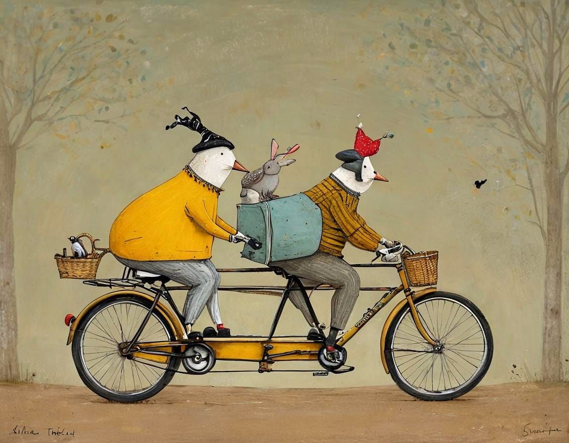 Whimsical Tandem Bike Ride in Naive Art Style