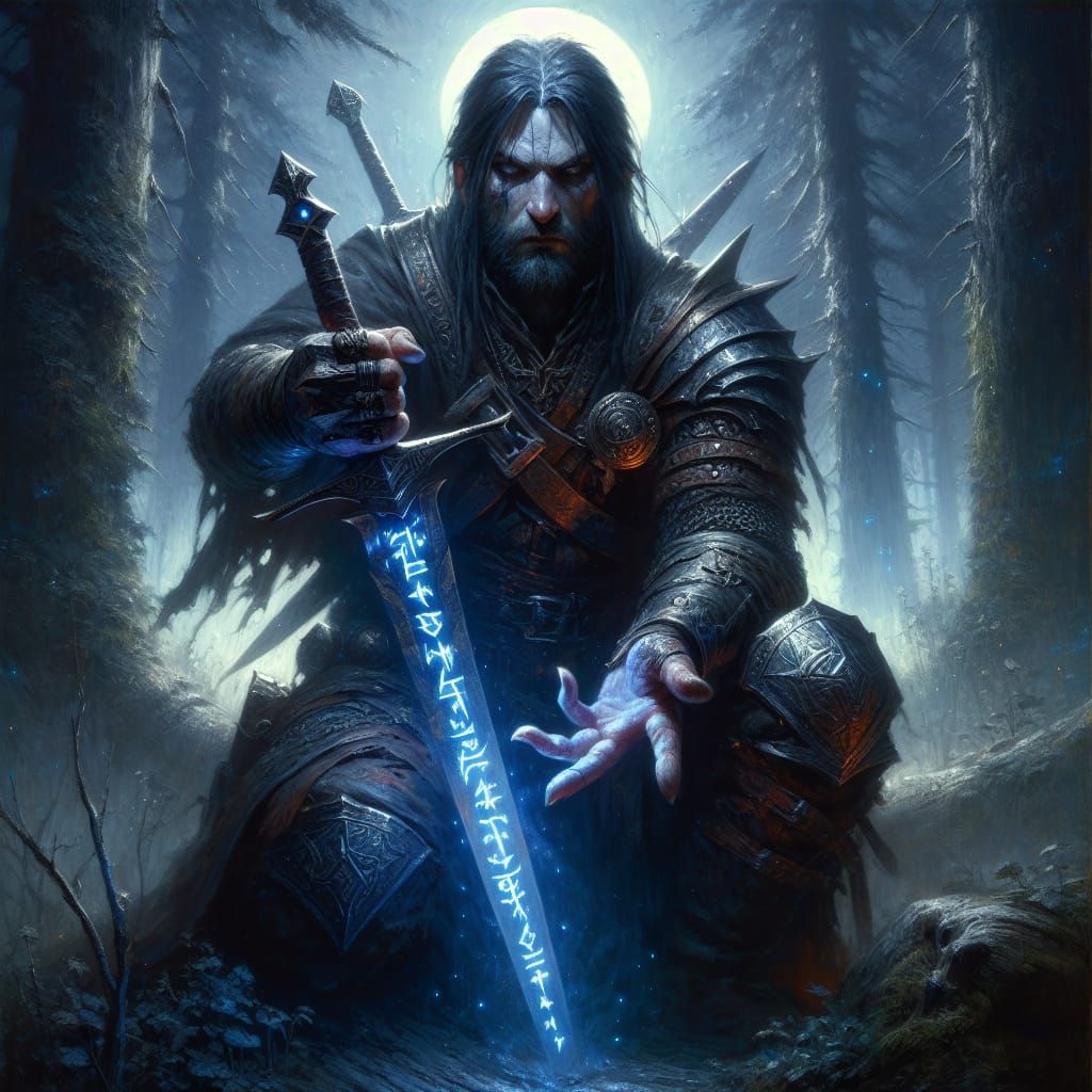 Dark Fantasy Warrior of Unspecified Descent Points Rune-Engr...