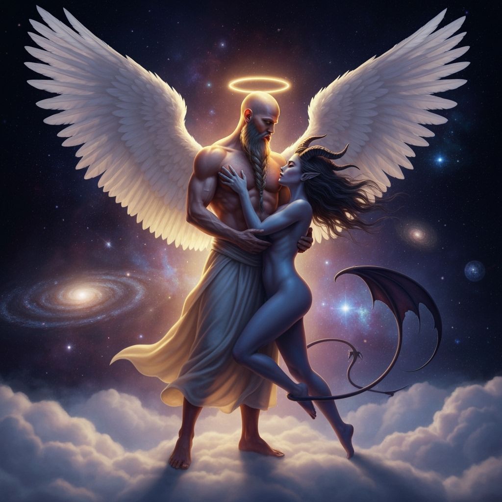 Angel and Demon Lovers Embrace in Celestial Fantasy Art