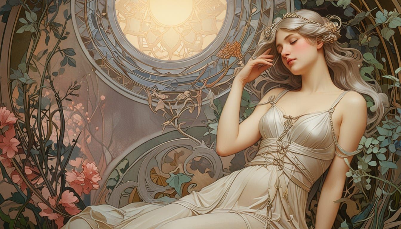 Nymph Singing in a Glowing Garden, Art Nouveau Style