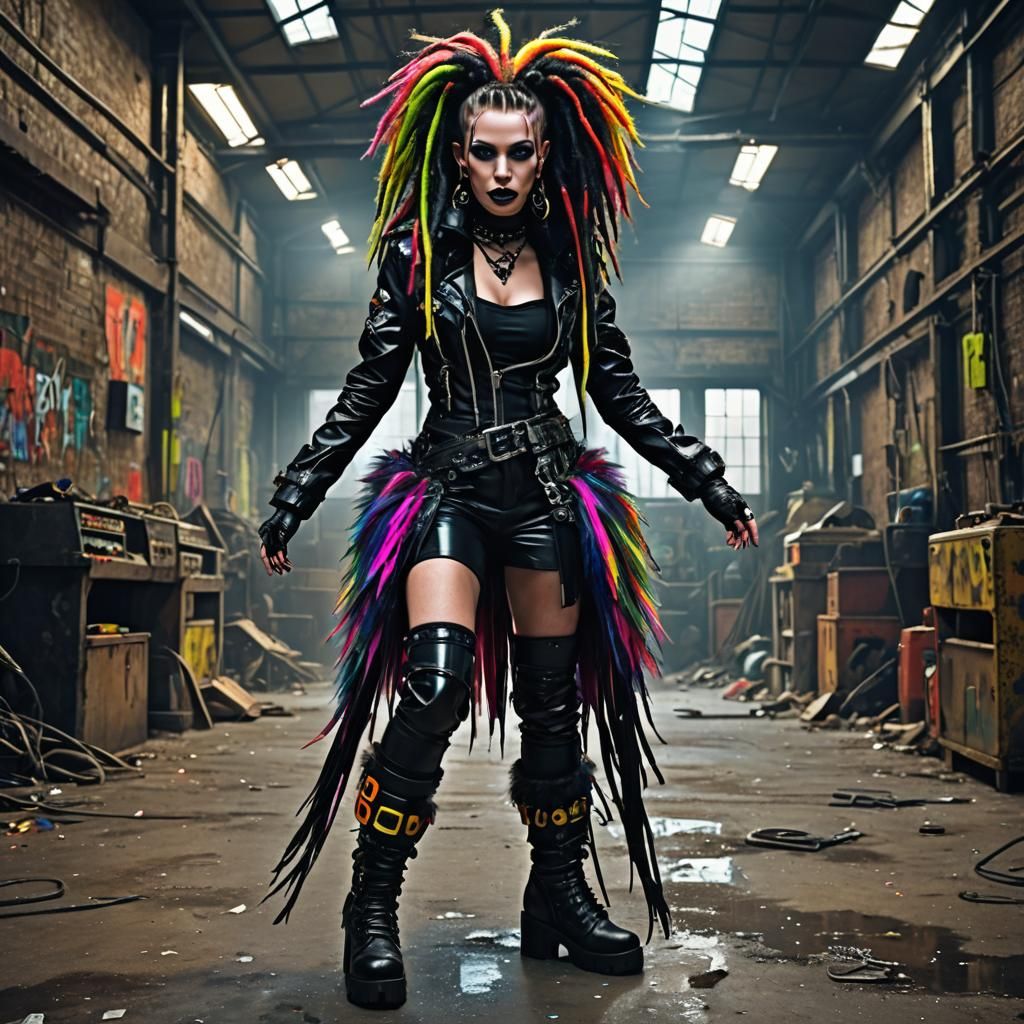 Cyber Goth Girl Dancing in Derelict Warehouse