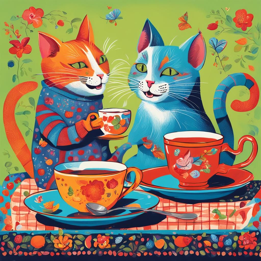A Cat and Mouse Tea Party in Vibrant Colors