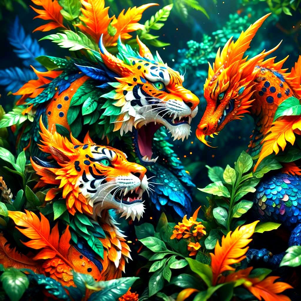 Pointillist Dragon and Tiger in Detailed Matte Painting