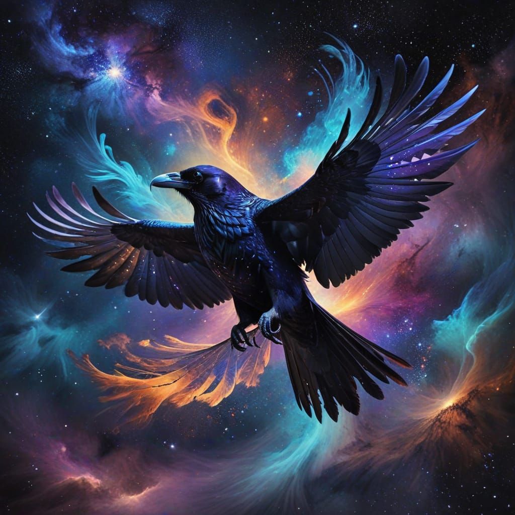 Raven Soaring Through Cosmic Sky in Dark Spirit Art