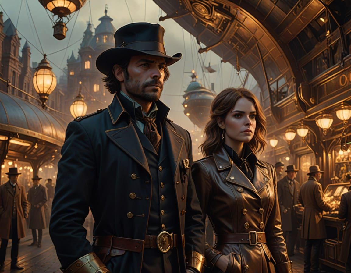Steampunk Cavalier in Elegant Armor, Beside a Detective, in ...