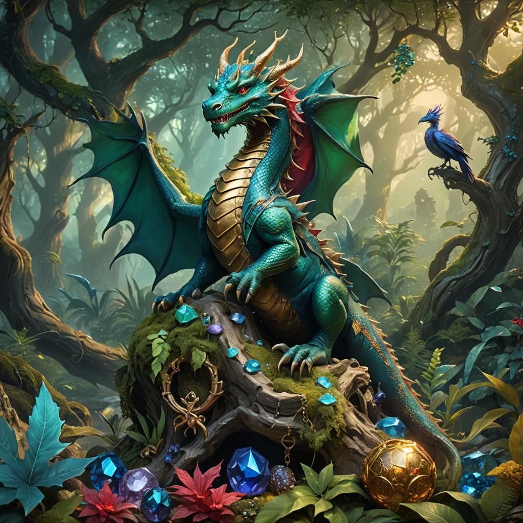 Whimsical Dragon on Treasure Hoard in Magical Forest