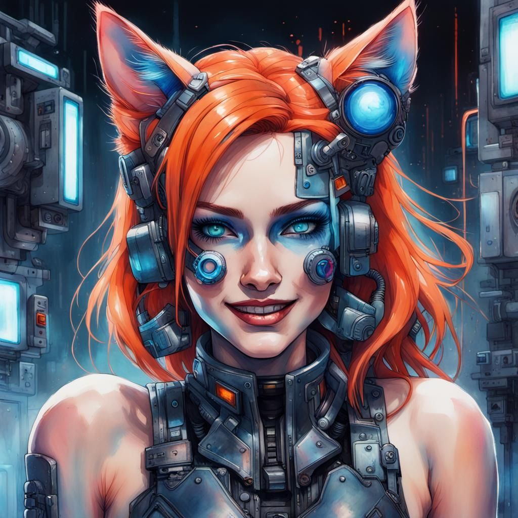 Cyberpunk Cyber-Warrior with Mischievous Smile