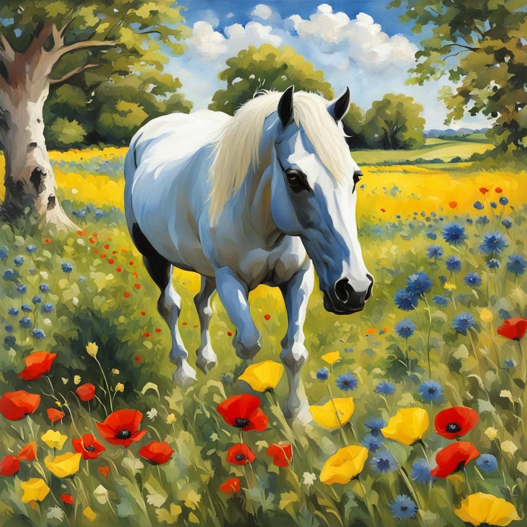 Picturesque English Meadow with Prancing Horse