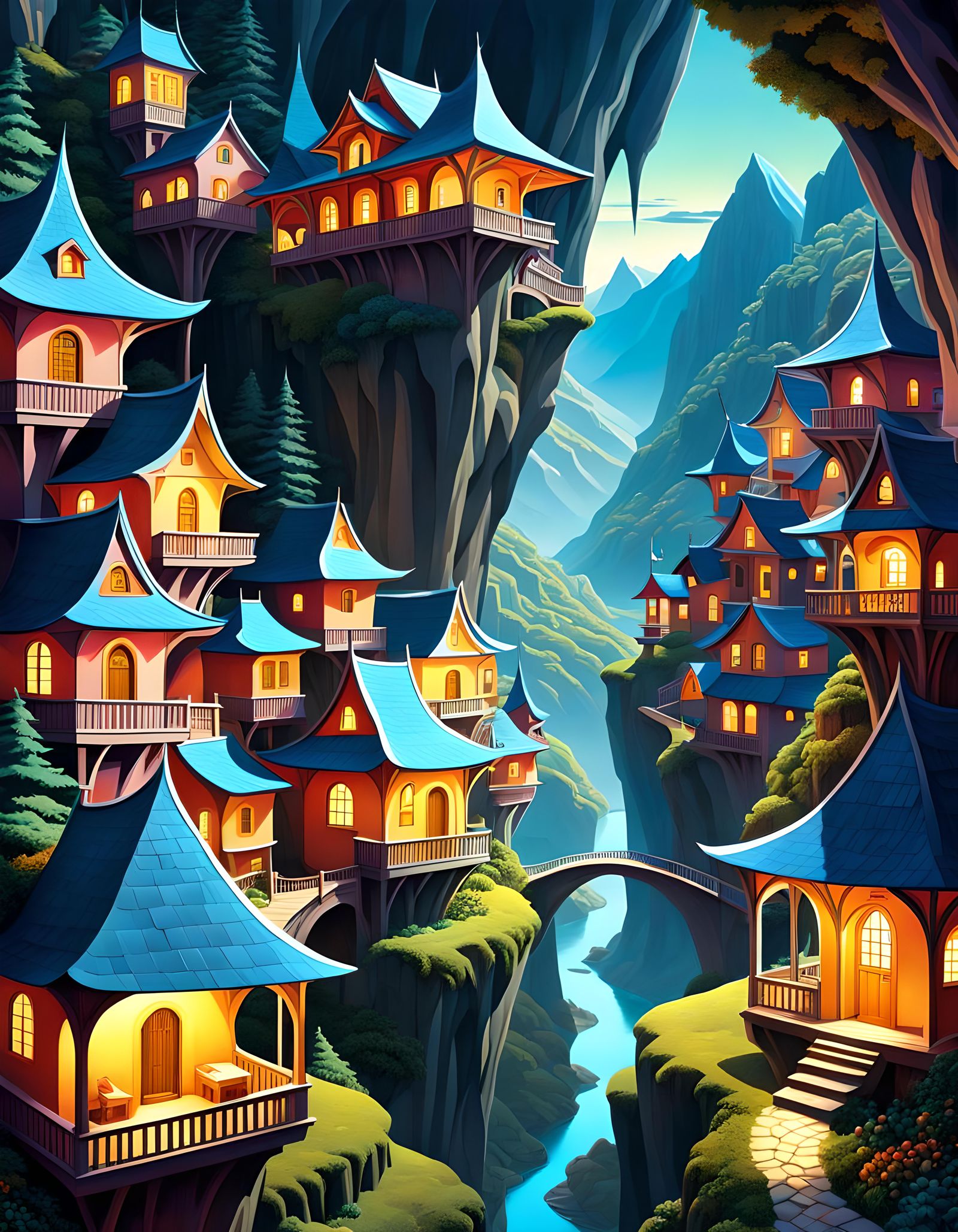 Mystical Village: Surreal Illusion in Neo-Psychedelic Style
