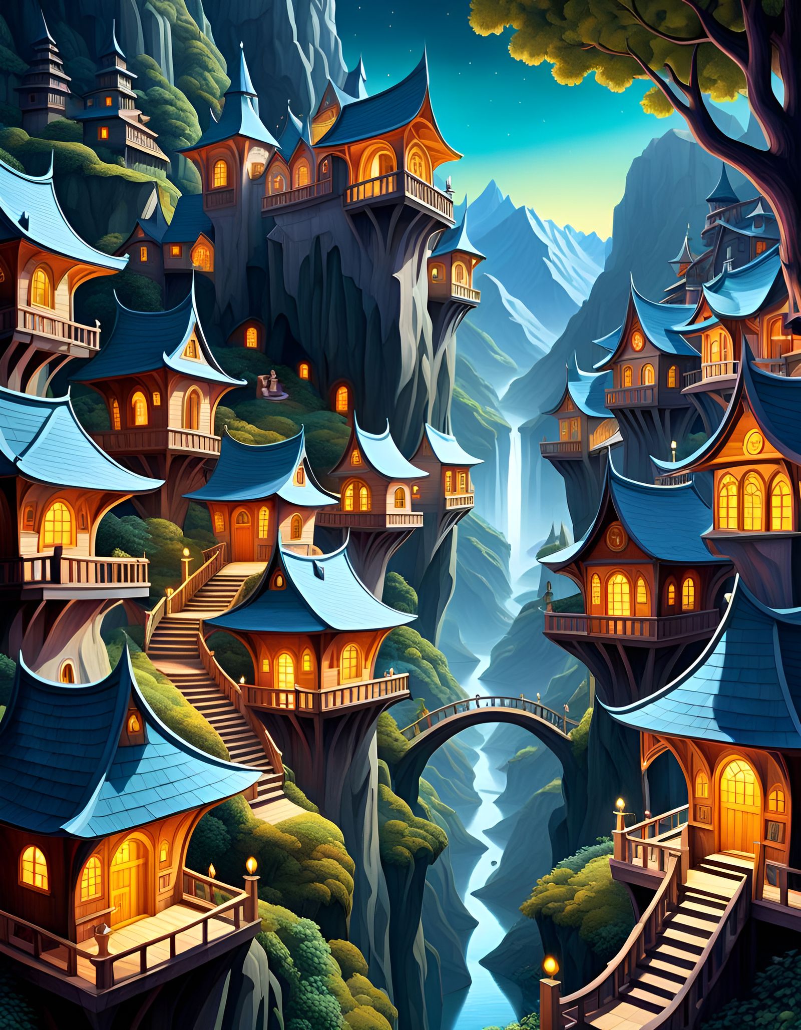 Mystical Mountain Village in Multidimensional Fantasy