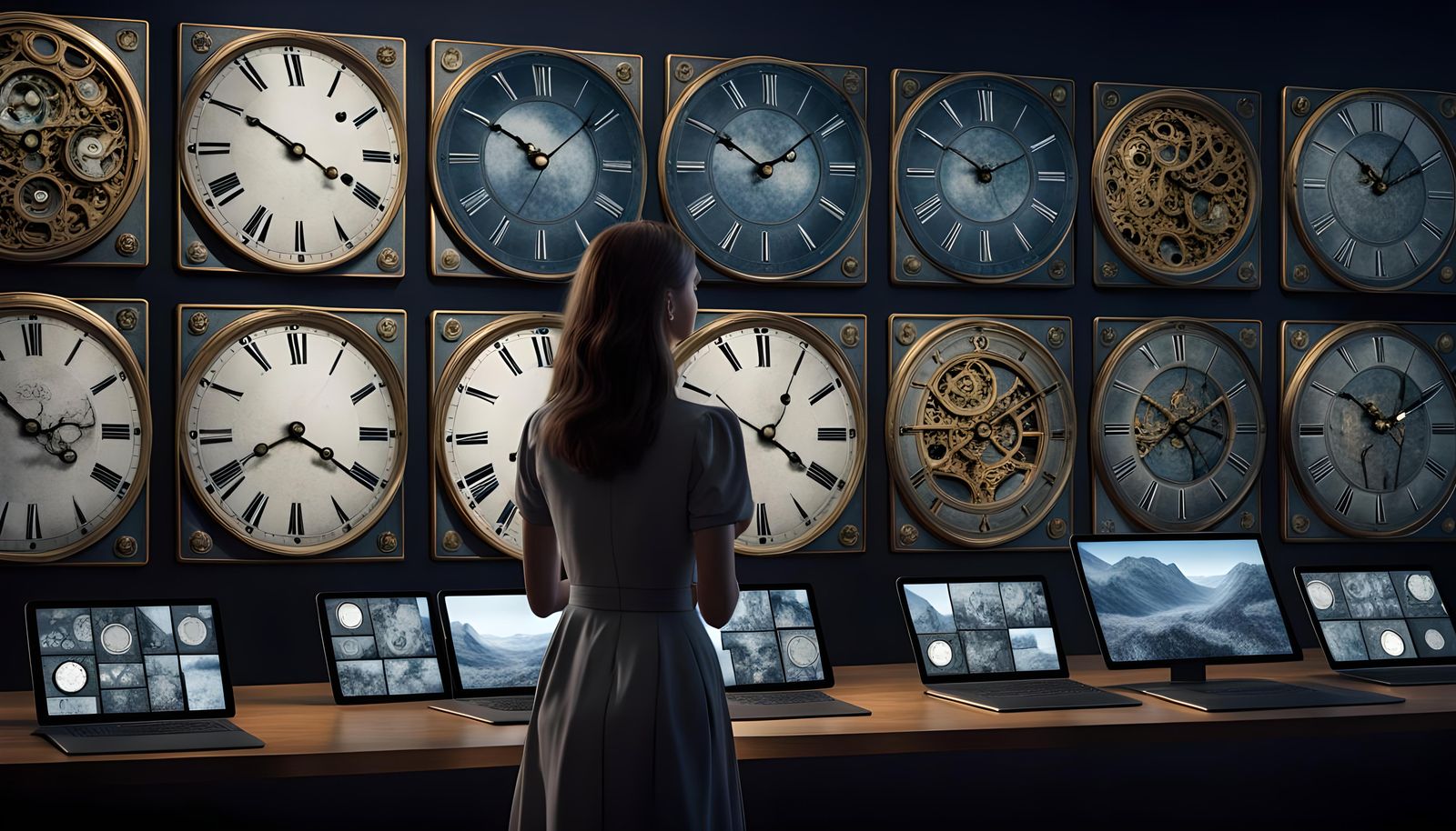 Woman Monitors Historical Events on Multiple Screens