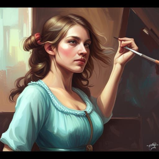 Girl Painting Portrait in Hyperdetailed Style