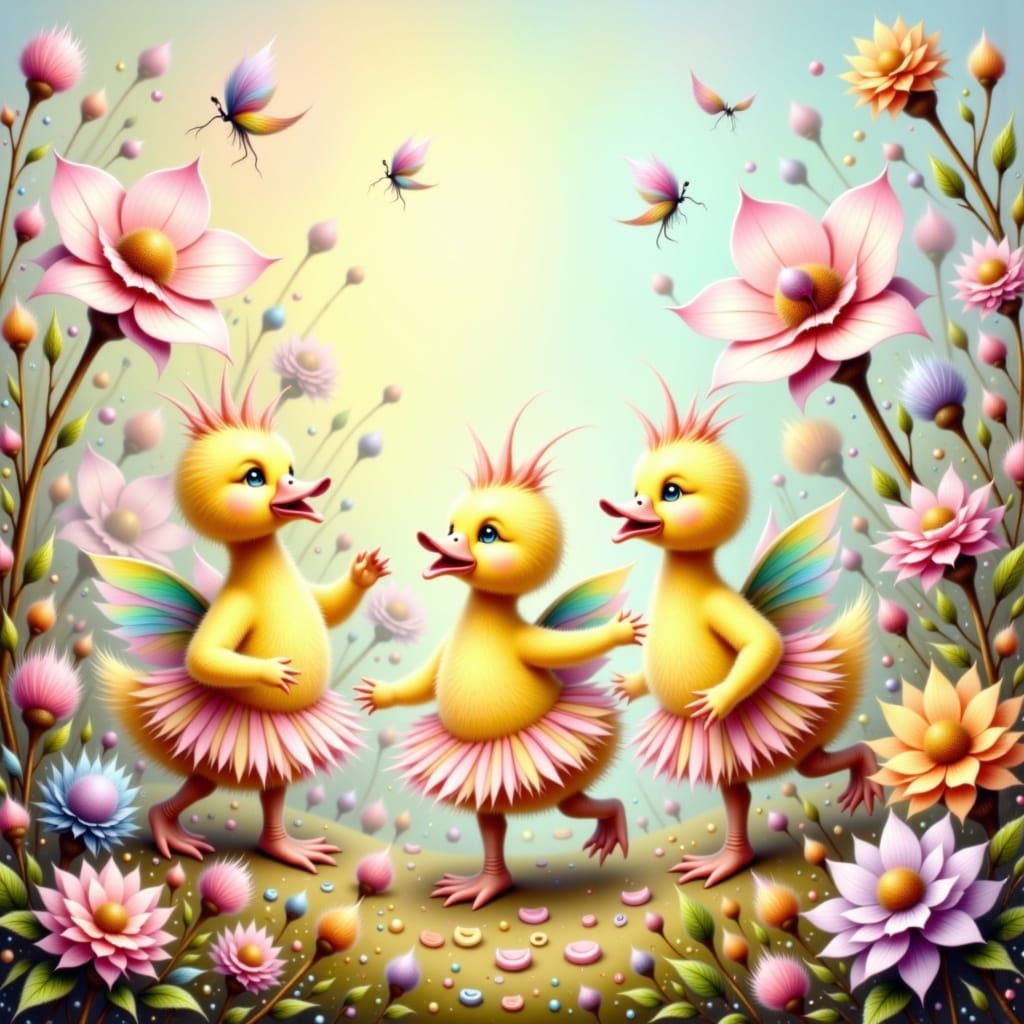 Ducklings Dancing in Tutus, Whimsical Illustration
