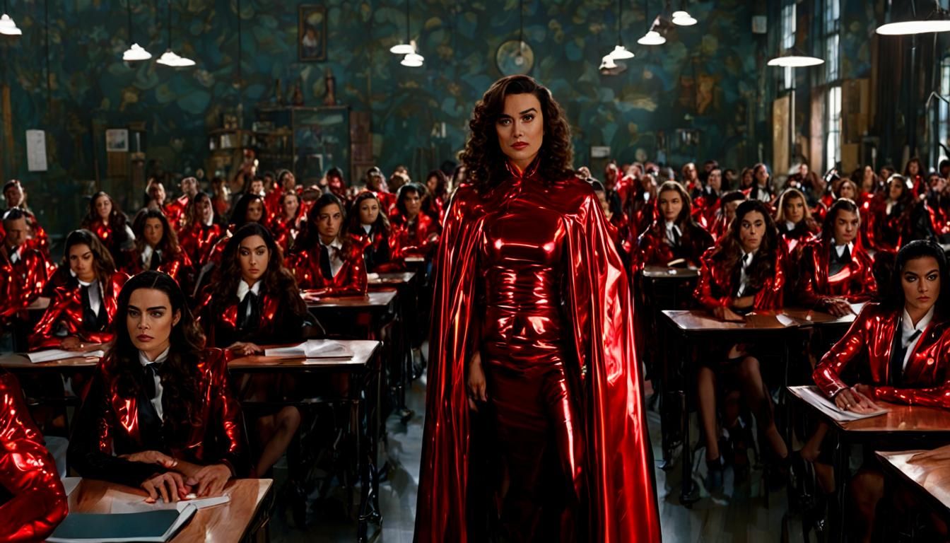 Latex Teacher in Reflective Classroom Scene