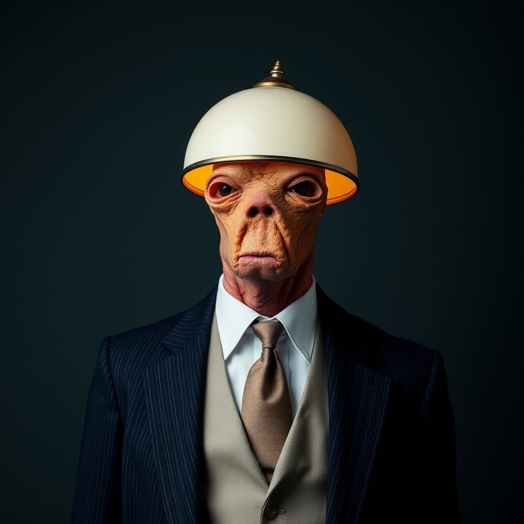Surreal Lamp-Headed Creature in a Suit
