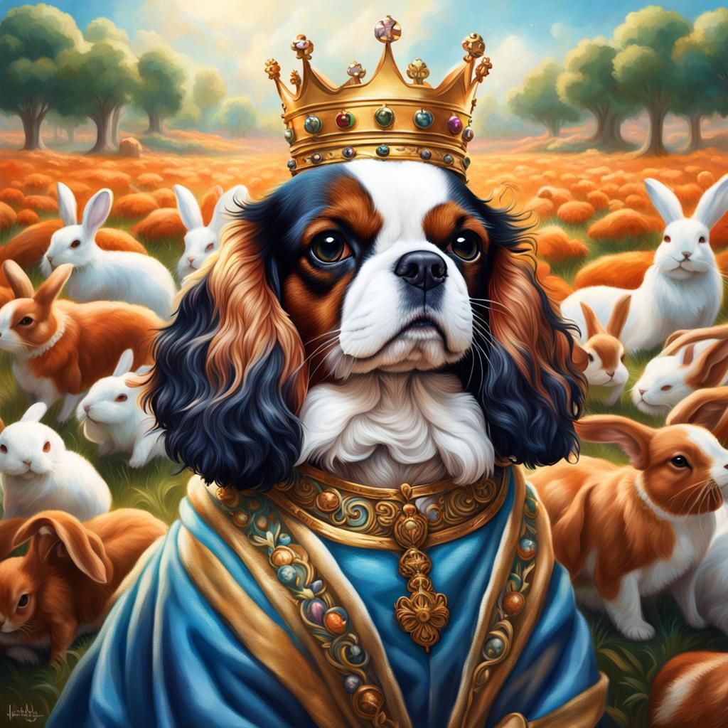 Cavalier King in Queen's Robes with Bunnies