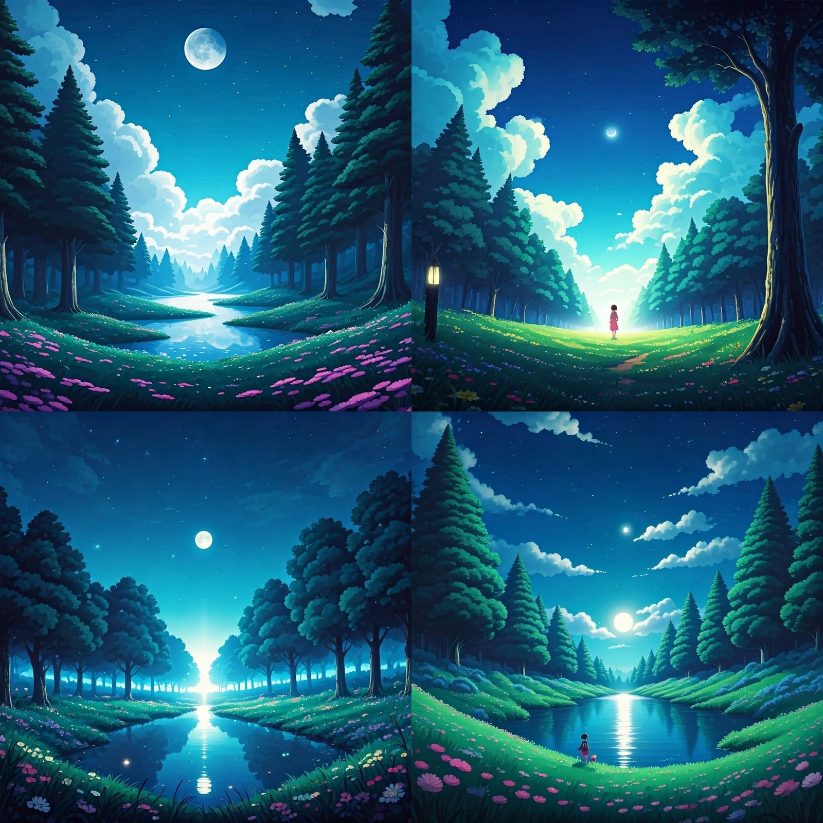 Whimsical Nighttime Landscape with Illuminated Moon