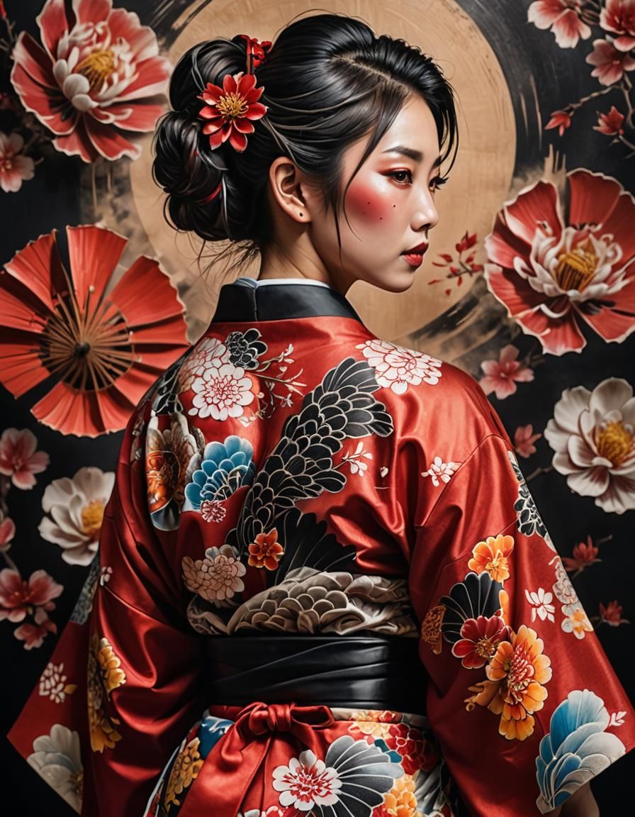 Japanese Woman with Tattoo in Splash Art Style