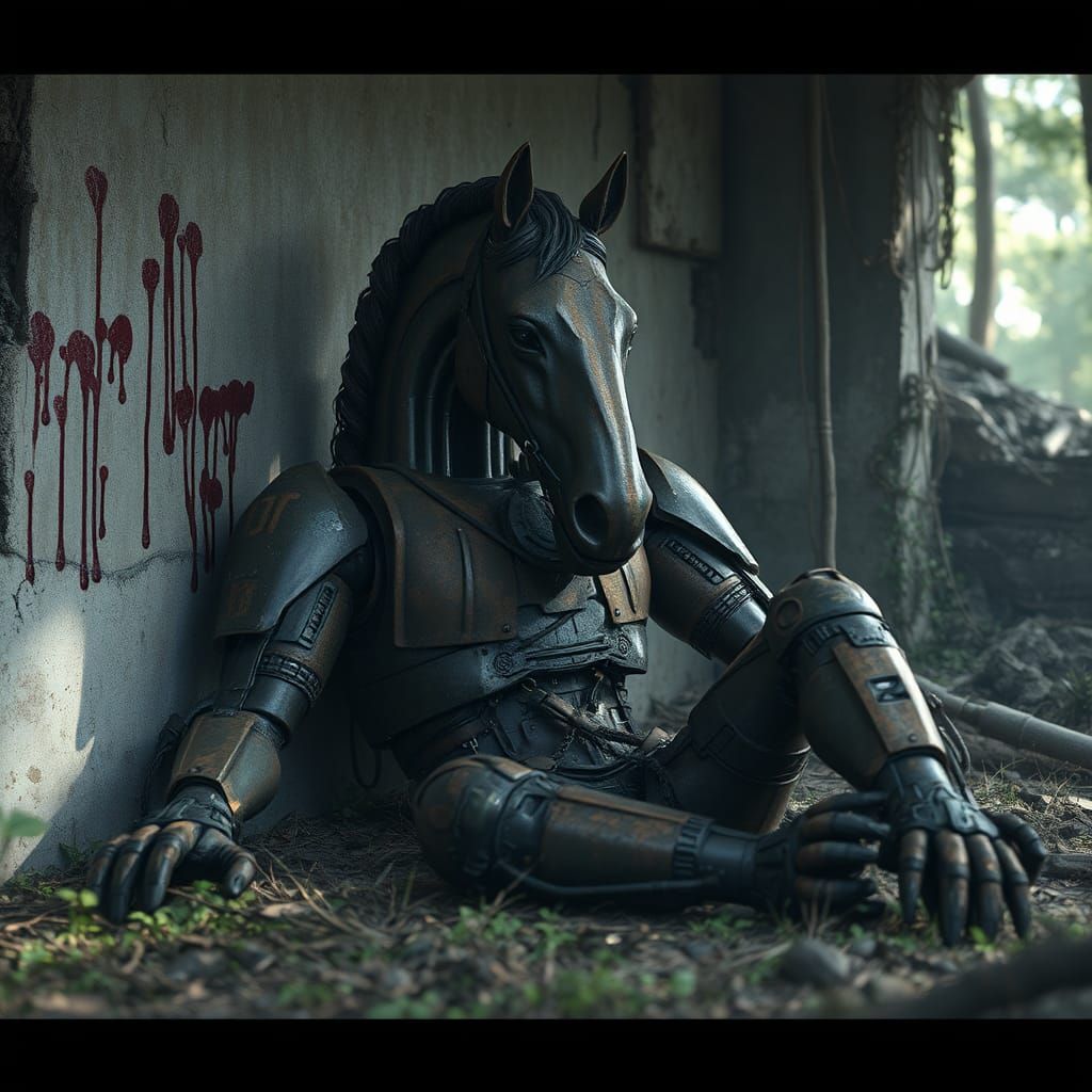 Worn Horse-Headed Humanoid in War-Torn Landscape