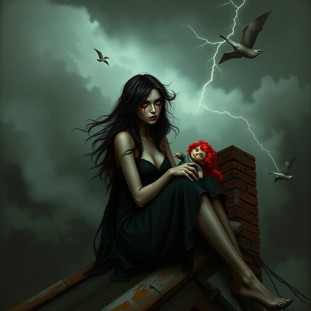 Haunted Vampiress Sits atop Rooftop, Clutching a Worn Doll