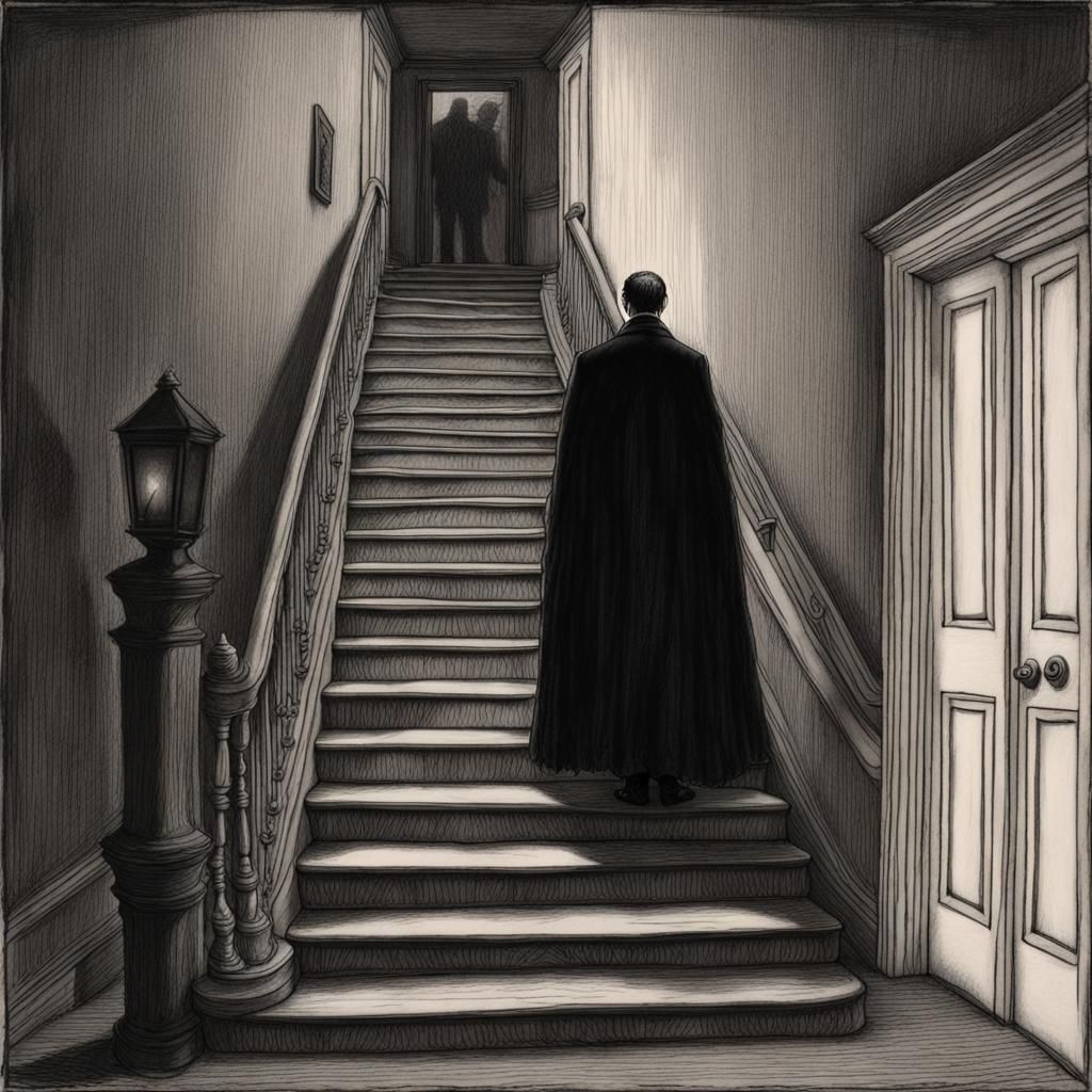 Eerie Shadow Figure at Top of Stairs