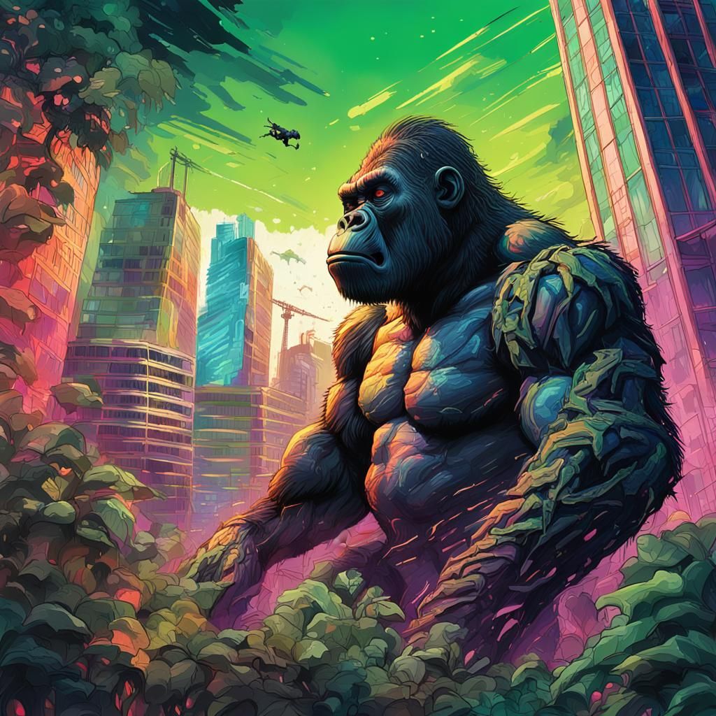 King Kong in Post-Apocalyptic London, Hyperrealistic Portrai...
