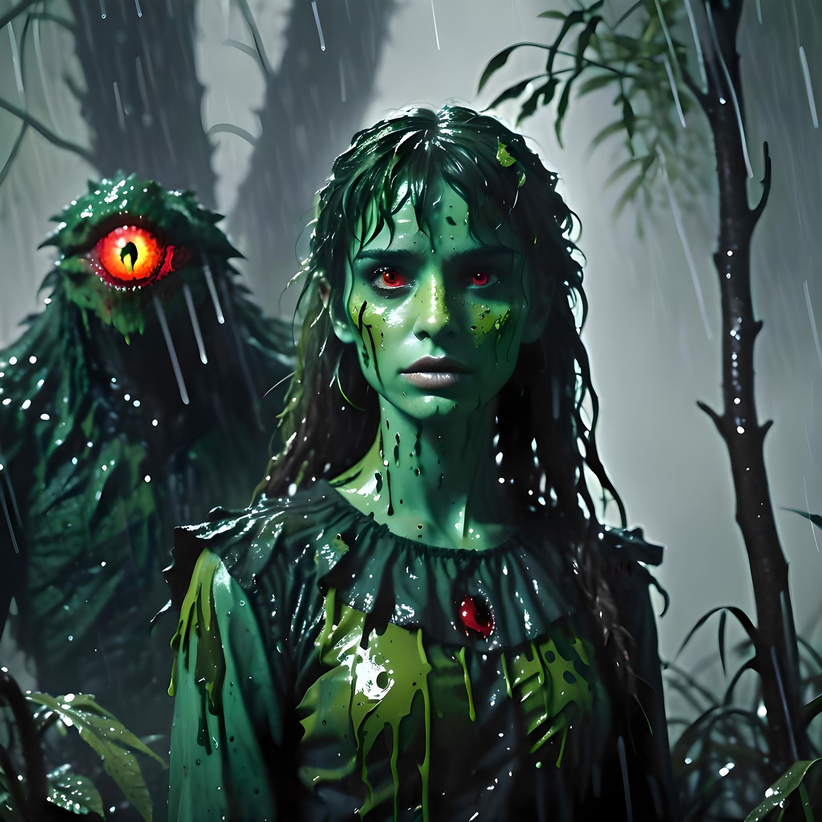 Plant Girl in Rain, Horror Alcohol Ink Style