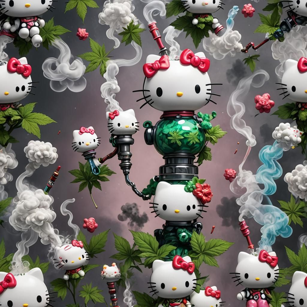 Hello Kitty Smoking Weed: Hyperrealistic Splash Art