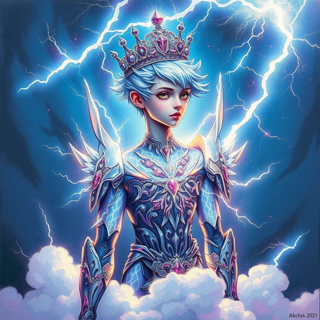 Ethereal Boy King on Thundercloud in Graffiti Style