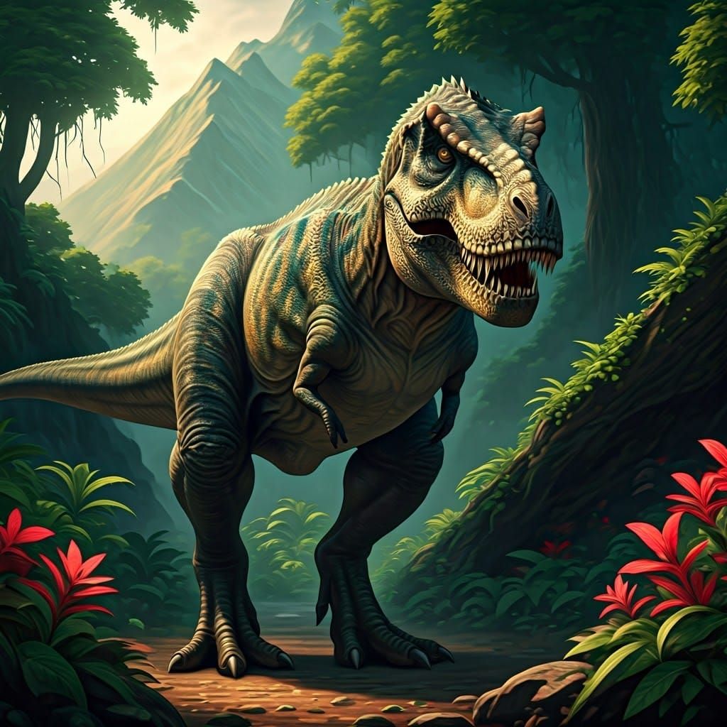 Tyrannosaurus Rex in Mystical Forest, Fantasy Concept Art